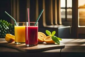 zwei Brille von Orange Saft mit Strohhalme auf ein hölzern Tisch. KI-generiert foto