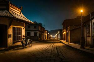 ein Fahrrad ist geparkt auf ein Kopfsteinpflaster Straße beim Nacht. KI-generiert foto