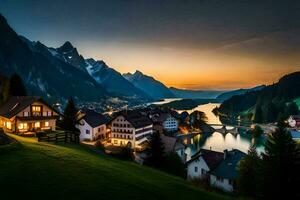 Foto Hintergrund das Himmel, Berge, Wasser, Haus, See, Berge, Haus, See,. KI-generiert