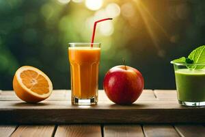 ein Glas von Saft, ein Apfel und ein orange. KI-generiert foto