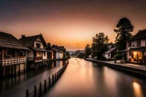 ein Fluss läuft durch ein Stadt, Dorf beim Sonnenuntergang. KI-generiert foto