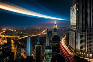 ein lange Exposition fotografieren von das Stadt Horizont beim Nacht. KI-generiert foto