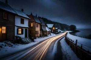 ein lange Exposition fotografieren von ein Straße im das Schnee. KI-generiert foto