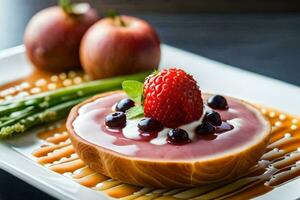 ein Dessert mit Erdbeeren und Sahne auf ein Platte. KI-generiert foto