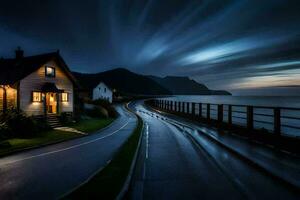 ein Haus auf das Küste beim Nacht. KI-generiert foto