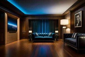 ein Leben Zimmer mit ein Blau Couch und ein Fernsehen. KI-generiert foto