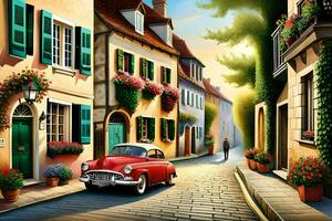 ein Öl Gemälde von ein Straße mit ein rot Wagen. KI-generiert foto
