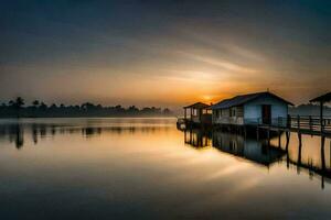 ein Haus auf ein Dock beim Sonnenuntergang. KI-generiert foto