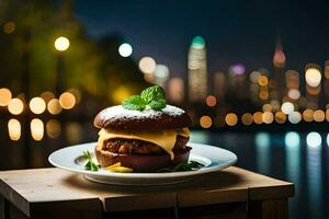 ein Burger Sitzung auf ein Teller mit ein Stadtbild im das Hintergrund. KI-generiert foto