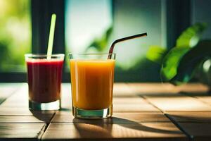 zwei Brille von Saft auf ein hölzern Tisch. KI-generiert foto