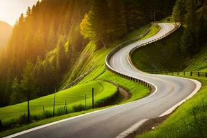 ein Wicklung Straße im das Berge mit Bäume und Gras. KI-generiert foto