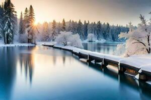 Winter Landschaft mit ein hölzern Brücke Über ein See. KI-generiert foto