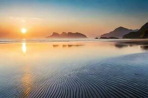 das Sonne setzt Über das Ozean und Wellen auf ein Strand. KI-generiert foto