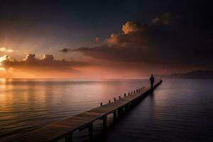 ein Mann steht auf ein Seebrücke suchen aus zu Meer beim Sonnenuntergang. KI-generiert foto