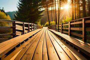 ein hölzern Brücke im das Wald beim Sonnenuntergang. KI-generiert foto