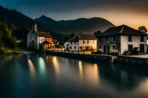 ein Fluss läuft durch ein klein Stadt, Dorf beim Sonnenuntergang. KI-generiert foto