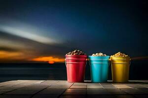 drei Eimer von Popcorn auf ein Tabelle mit Sonnenuntergang im das Hintergrund. KI-generiert foto