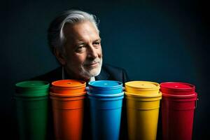 ein älter Mann mit Weiß Haar und ein schwarz passen ist halten oben ein Reihe von bunt Plastik Tassen. KI-generiert foto