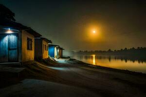 ein klein Haus sitzt auf das Ufer von ein See beim Nacht. KI-generiert foto