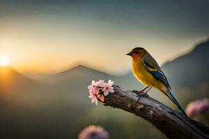 Foto Hintergrund das Vogel, Blumen, Berge, Sonnenuntergang, Vogel, Vogel, Vogel, Vogel,. KI-generiert