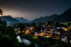 Foto Hintergrund das Himmel, Berge, Fluss, Haus, Dorf, Nacht, Fluss, Haus,. KI-generiert