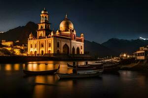 ein Kirche zündete oben beim Nacht im das Berge. KI-generiert foto