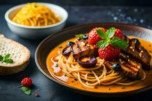 ein Teller von Spaghetti mit Fleisch und Beeren. KI-generiert foto