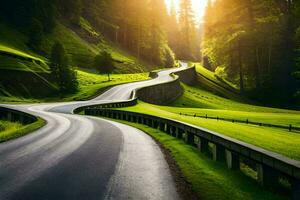 ein Wicklung Straße im das Berge mit das Sonne leuchtenden. KI-generiert foto