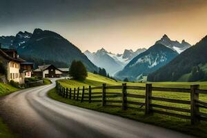 ein Straße im das Berge mit ein Zaun und Häuser. KI-generiert foto