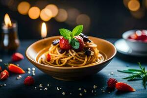 Spaghetti mit Beeren und Minze Blätter im ein Schüssel. KI-generiert foto