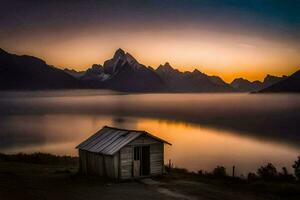 das Hütte beim das See. KI-generiert foto