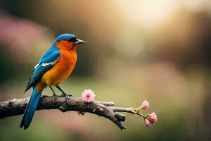 ein bunt Vogel sitzt auf ein Ast mit Rosa Blumen. KI-generiert foto