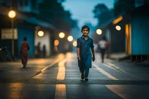 ein Junge Gehen Nieder das Straße beim Nacht. KI-generiert foto