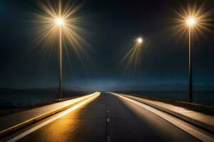 ein lange Straße mit Straße Beleuchtung beim Nacht. KI-generiert foto