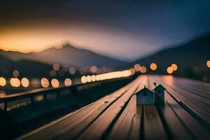 ein klein Haus auf ein hölzern Brücke beim Nacht. KI-generiert foto