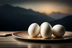 vier Eier auf ein Teller mit Berge im das Hintergrund. KI-generiert foto