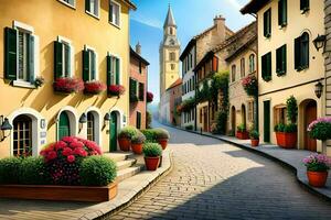 ein Straße im Italien mit Blumen und Gebäude. KI-generiert foto