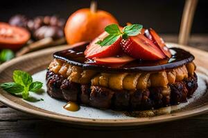 ein Dessert mit Erdbeeren und Schokolade auf ein Platte. KI-generiert foto