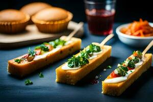 Essen auf Stöcke mit Gemüse und Brot. KI-generiert foto