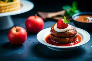ein Teller mit ein Kuchen gekrönt mit Erdbeeren und ein Scheibe von Apfel. KI-generiert foto