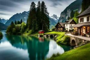 ein Haus sitzt auf das Kante von ein See umgeben durch Berge. KI-generiert foto