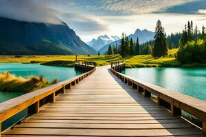 ein hölzern Brücke führt zu ein See und Berge. KI-generiert foto