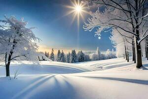 Winter ist Kommen, das Sonne ist leuchtenden auf ein schneebedeckt Landschaft. KI-generiert foto