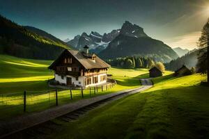 ein klein Haus im das Berge mit ein Zug Schiene. KI-generiert foto