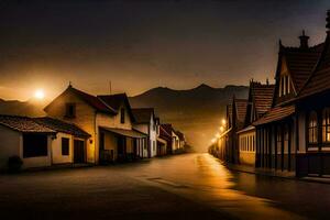 ein Straße im das Mitte von ein Stadt, Dorf beim Nacht. KI-generiert foto