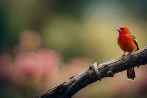 ein rot Vogel Sitzung auf ein Ast. KI-generiert foto