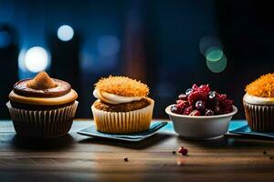 drei Cupcakes sind Sitzung auf ein Tisch. KI-generiert foto