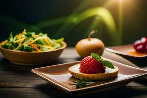ein Teller mit Erdbeeren und Salat auf ein hölzern Tisch. KI-generiert foto