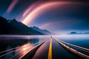 ein lange Brücke Über ein See mit ein Regenbogen im das Himmel. KI-generiert foto