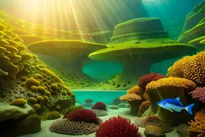 ein unter Wasser Szene mit bunt Koralle und Fisch. KI-generiert foto